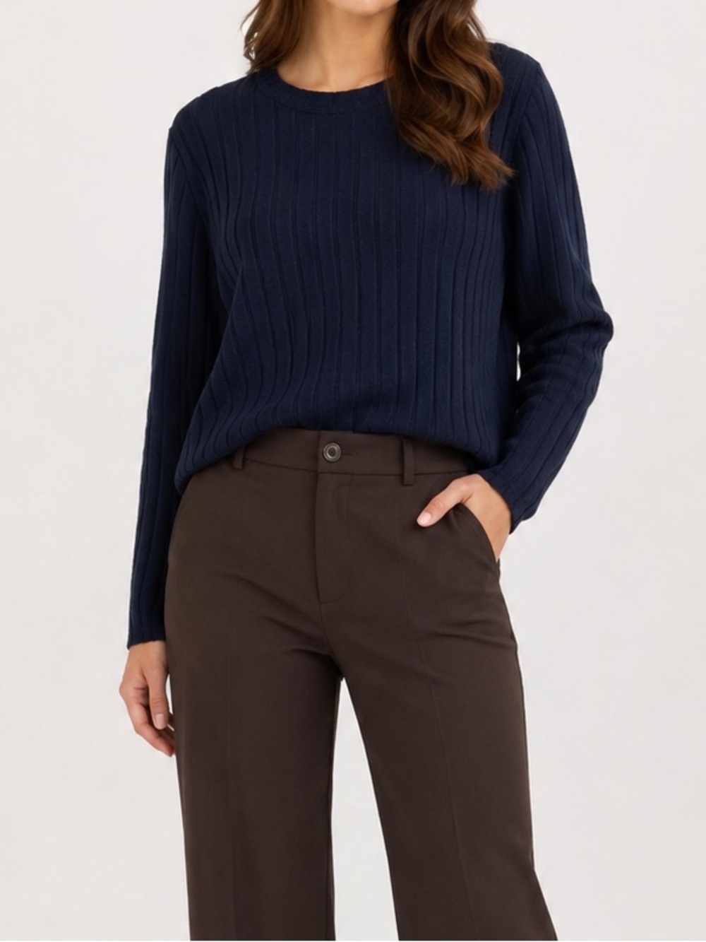 Emery Rose Navy Ribbed Knit Sweater Long Sleeve Minimalist Classic Size M